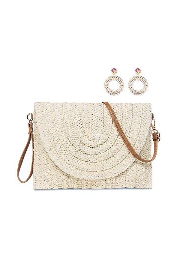 Pochette en paille pour femme - Sac à bandoulière - Sac dété tissé - Sac de plage pour femme - Avec paire de boucles doreil
