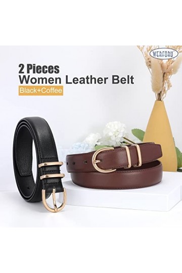 WERFORU Lot de 2 ceintures en cuir pour femme - Pour jeans - Mode - Pour pantalons et robes - Avec boucle dorée, B-noir+café,