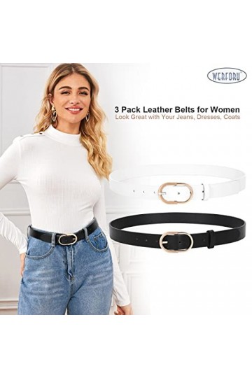 WERFORU Lot de 2 ceintures en cuir pour femme avec boucle dorée, C-noir+blanc, 120cm Passt Taillengröße 96-105cm 