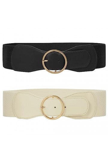 WERFORU Lot de 2 ceintures élastiques pour femme - Vintage - Large ceinture pour robe - Tendance - Extensible, B-noir+beige, 