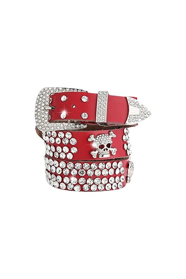 BOWTONG Ceinture à strass pour homme et femme, ceinture tête de mort en strass, boucle en cuir, style punk