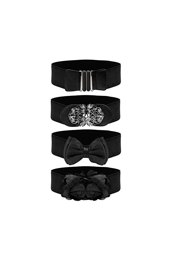 BELLE VOUS 4 Pack Womens Black Vintage Elastic Stretch Waist Belts - 4 Styles - Wide Retro Fashion Cinch Waistband Belts For 