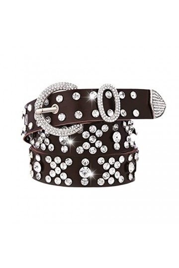 Ceinture large en cuir de vachette cloutée avec strass pour femme, café, length: 43.31 in / 110 cm