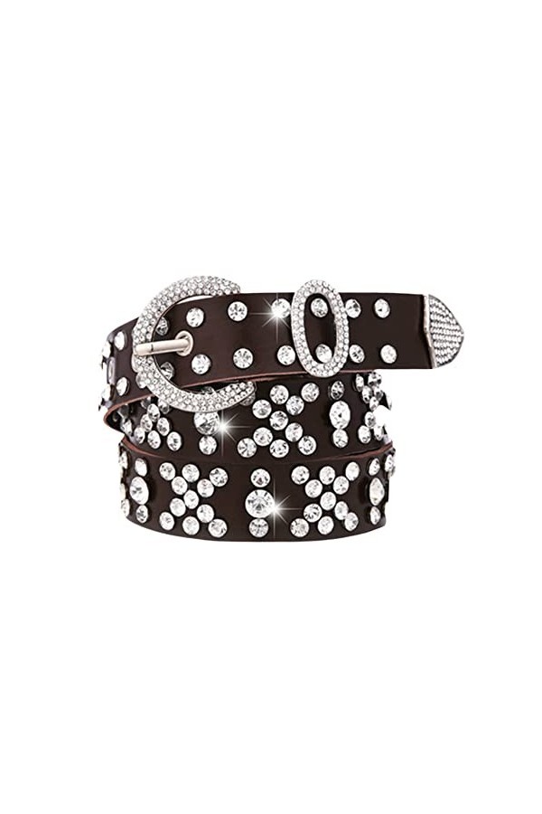 Ceinture large en cuir de vachette cloutée avec strass pour femme, café, length: 43.31 in / 110 cm