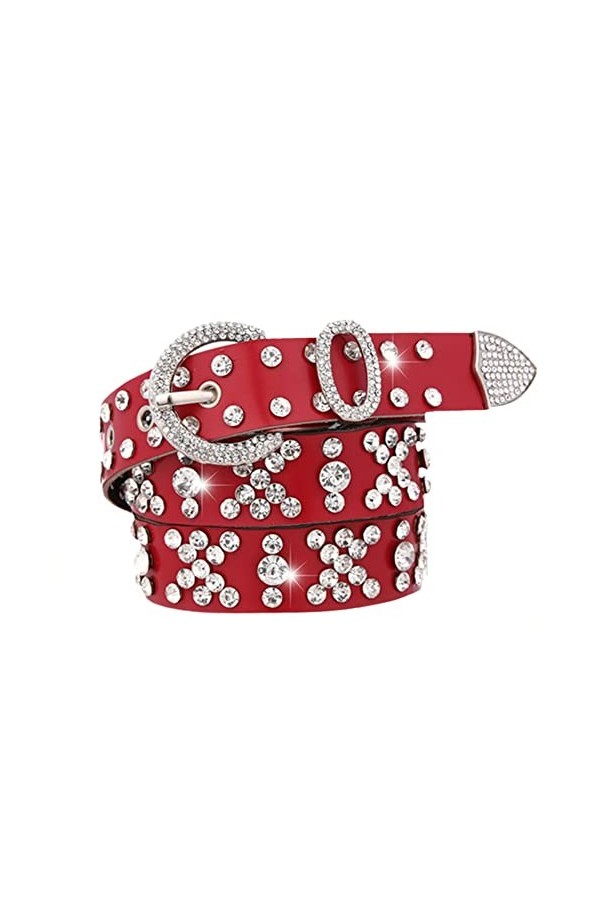 Ceinture large en cuir de vachette cloutée avec strass pour femme, café, length: 43.31 in / 110 cm