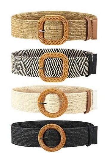 4 Pièces Ceinture de Taille Élastique Extensible en Paille Tissée Ceinture de Robe Skinny pour Femme Bande de Robe de Taille 