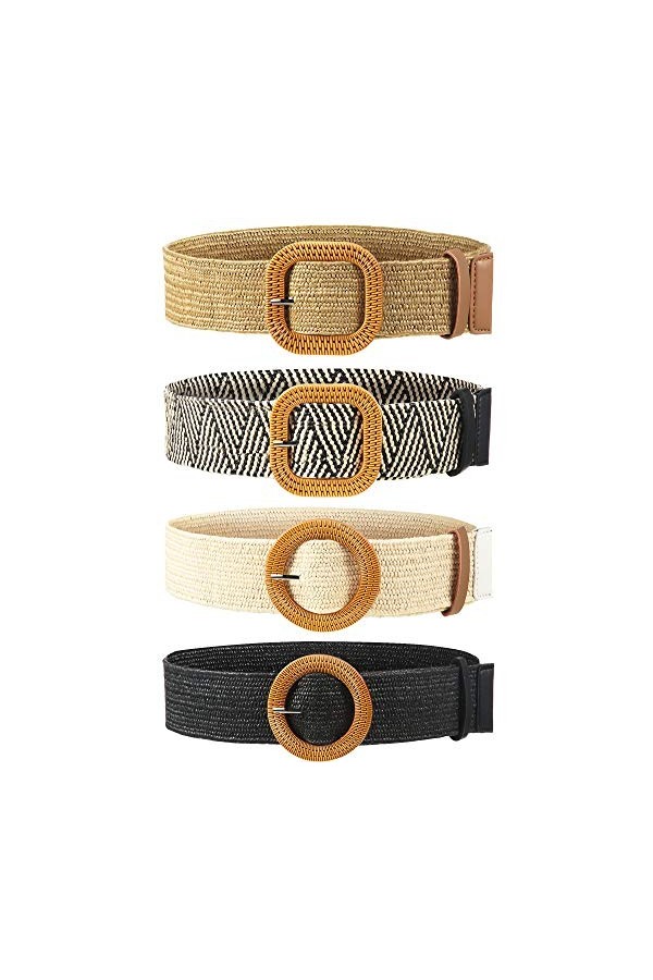 4 Pièces Ceinture de Taille Élastique Extensible en Paille Tissée Ceinture de Robe Skinny pour Femme Bande de Robe de Taille 