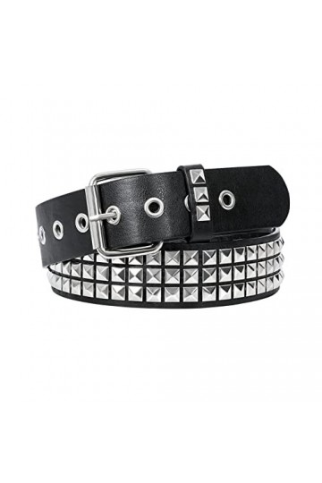 Ceinture cloutée punk à rivets gothique, rangée de pyramides et perles carrées en cuir PU vintage punk rock ceinture à œillet