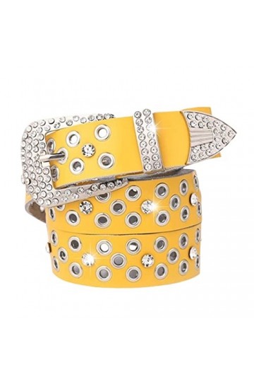 Ceinture en cuir de vache avec strass pour femme, jaune, length: 43.31 in / 110 cm