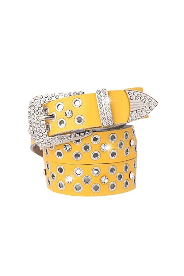 Ceinture en cuir de vache avec strass pour femme, jaune, length: 43.31 in / 110 cm