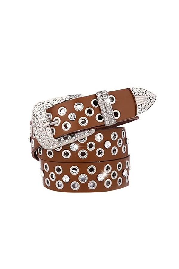 Ceinture en cuir de vache avec strass pour femme, jaune, length: 43.31 in / 110 cm