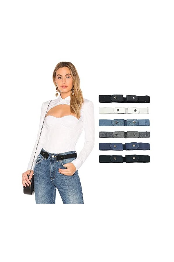 6 Pièces Extensible Ceinture Sans Boucle Femme Invisible Sans Boucles de Ceinture Elastique Elastic Belt Pour Jeans Pantalon 