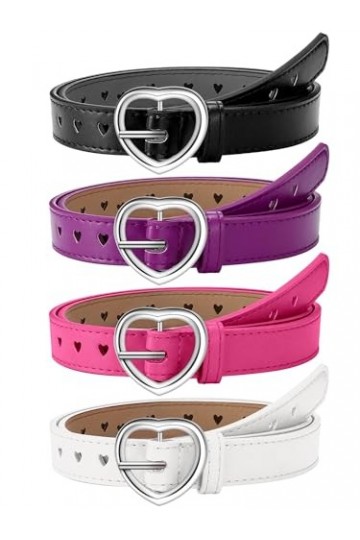 4 Ceintures en Cuir à Cœur Creux Réglables Ceintures à Boucle de Cœur pour Enfants Noir, Blanc, Camel, Rose, 90 cm 