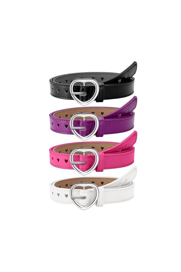4 Ceintures en Cuir à Cœur Creux Réglables Ceintures à Boucle de Cœur pour Enfants Noir, Blanc, Camel, Rose, 90 cm 