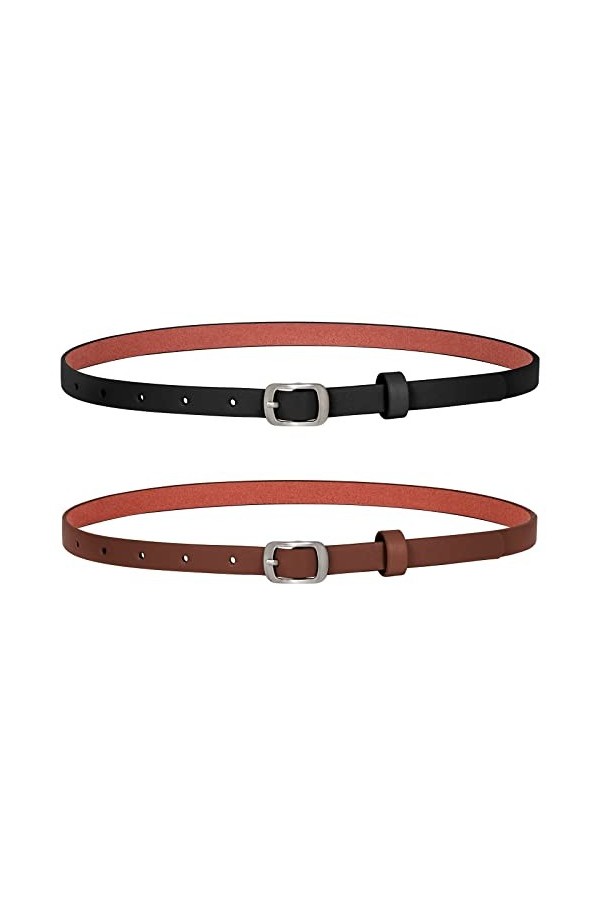 XZQTIVE Lot de 2 ceintures fines en cuir pour femme avec boucle argentée pour pantalons, jeans, robes, C-noir+café, XX-Large
