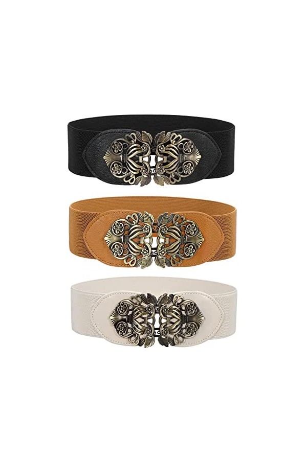 WERFORU Large ceinture élastique pour femme, vintage, extensible, large - Rétro - Mode Cinch pour robes, A-noir+marron+beige,