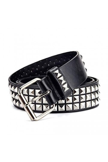 IOOI Ceinture cloutée pyramide à 3 rangées - Noir - Basiques - Rivets argentés - En métal - Pour jeans, pantalons, gothique, 