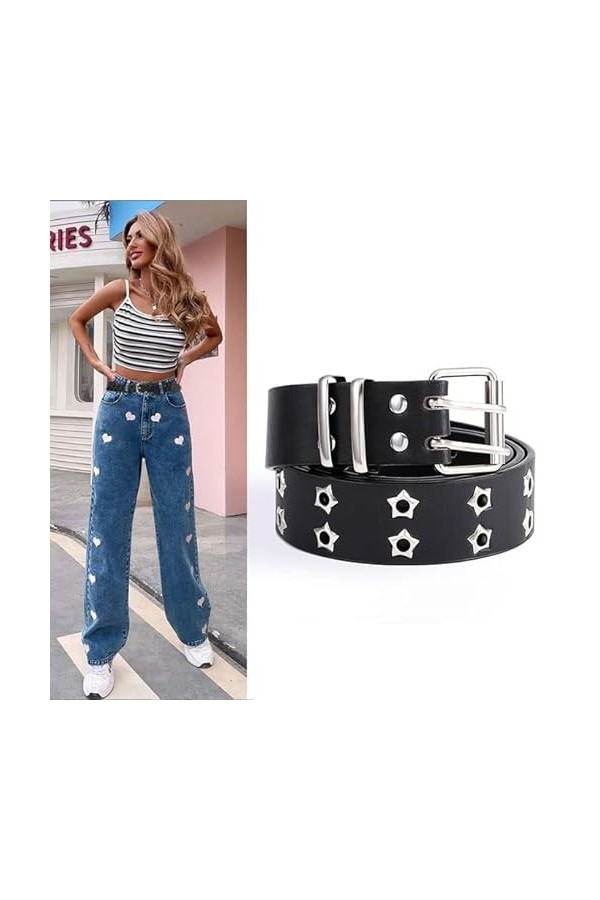 Yalice Ceinture en cuir cloutée à double œillets pour femme - Pour jeans et pantalons - noir - taille unique