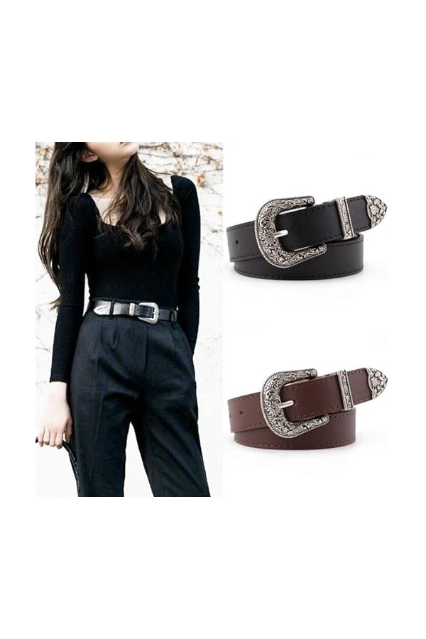 Lot de 2 ceintures vintage en cuir avec boucle creuse pour pantalons, robes de jeans - gris - Taille L