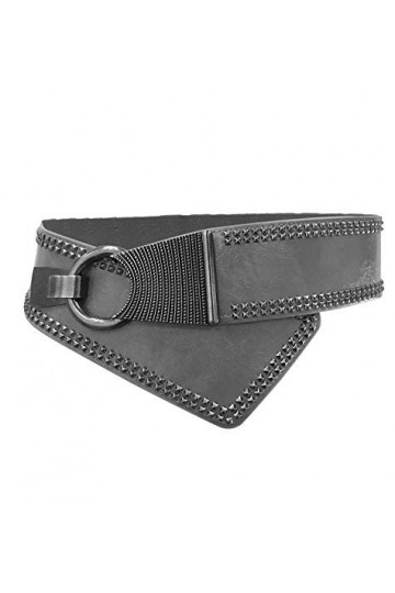 Ceinture Femmes Large Élastique Réglable Orné Rivets avec Boucle Oblique gris