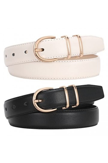 WERFORU Lot de 2 ceintures en cuir pour femme - Pour jeans - Mode - Pour pantalons et robes - Avec boucle dorée, C-noir+beige