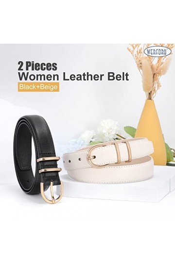 WERFORU Lot de 2 ceintures en cuir pour femme - Pour jeans - Mode - Pour pantalons et robes - Avec boucle dorée, C-noir+beige