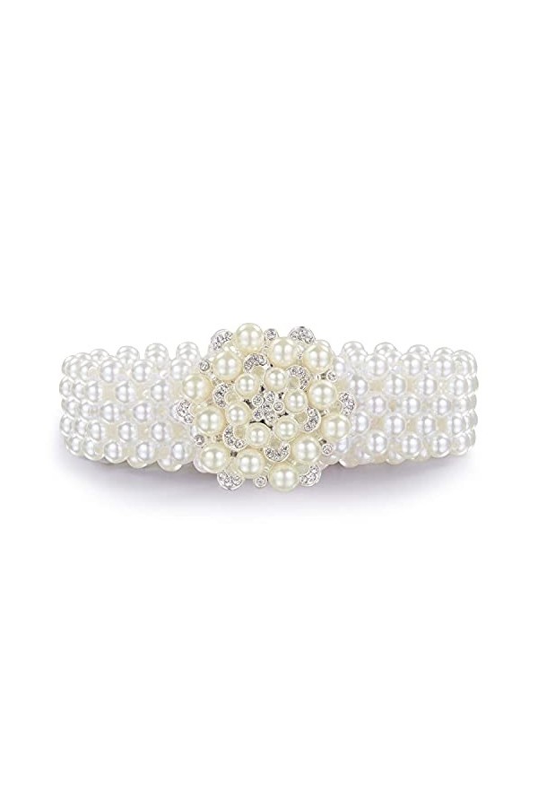 Barry.Wang Ceinture avec perles et strass pour femme Blanc cassé, Fleur ronde blanc cassé, taille unique