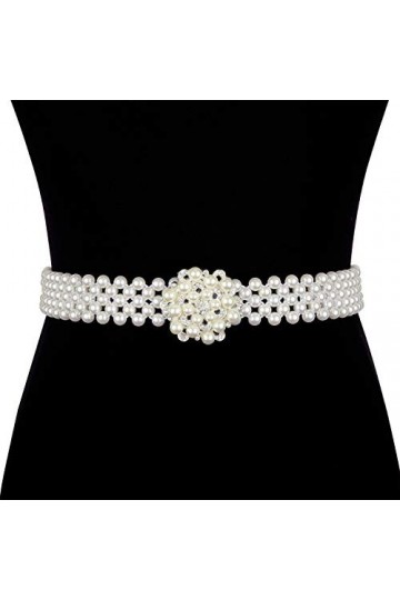Barry.Wang Ceinture avec perles et strass pour femme Blanc cassé, Fleur ronde blanc cassé, taille unique