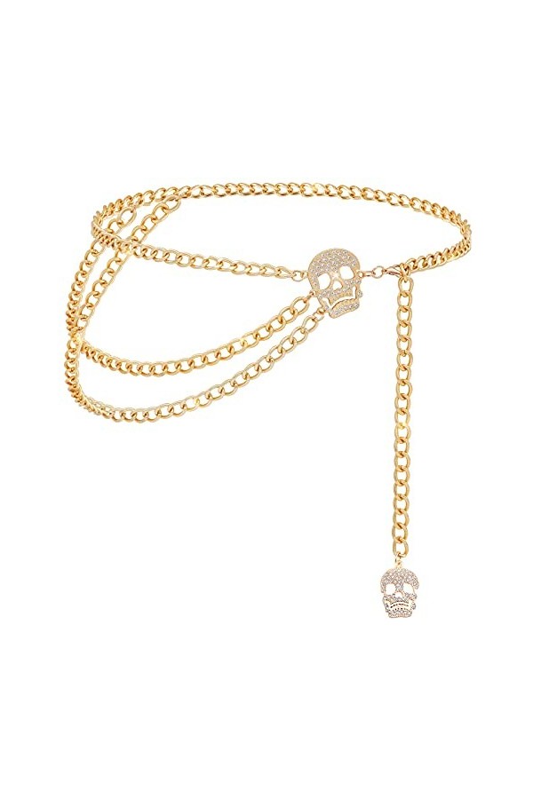 Lamdgbway Ceintures De Chaîne Pour Les Femmes Multi Couche Crâne Ceinture Pour Robe Cristal Crâne Or 110 CM