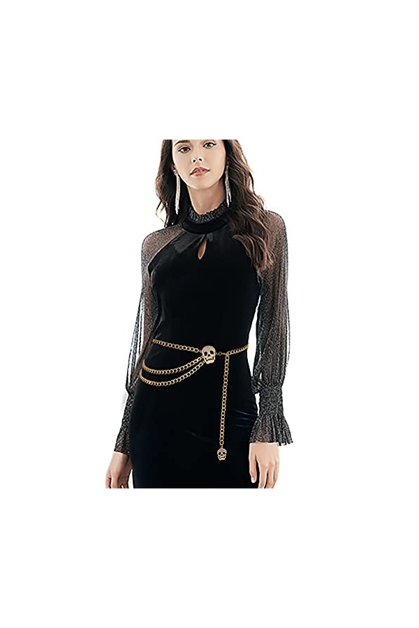 Lamdgbway Ceintures De Chaîne Pour Les Femmes Multi Couche Crâne Ceinture Pour Robe Cristal Crâne Or 110 CM