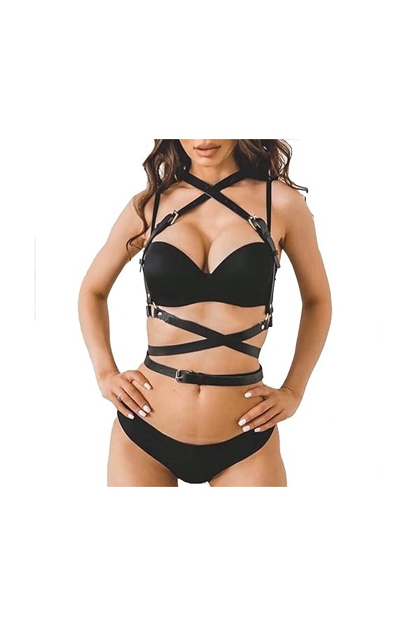 COSAUG Ceinture de taille punk en cuir synthétique avec chaîne de corps pour femme, Noir , Taille Unique