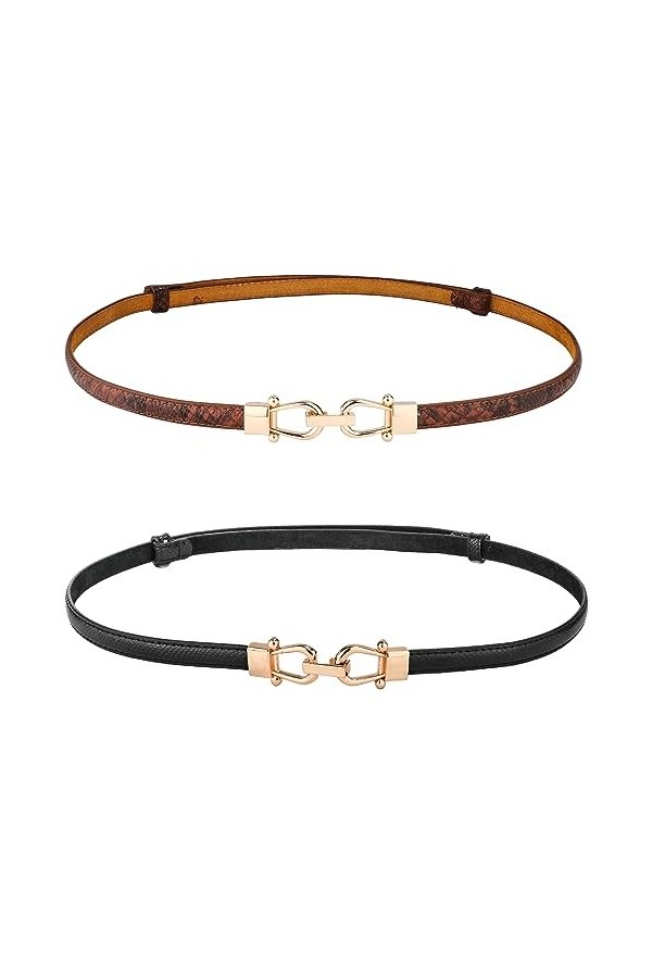 2pcs Ceinture Fine Femme, Réglable Ceinture Fine Élégante Ceinture en Cuir avec Boucle Dorée Ceinture Fine en Cuir pour Femme