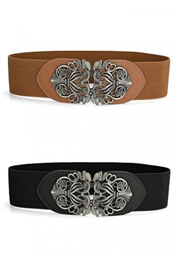 Allegra K Ceintures élastiques larges pour femme avec boucle en métal, Noir et marron., Fit Waist Girth:58cm/22.83" to 72cm/2
