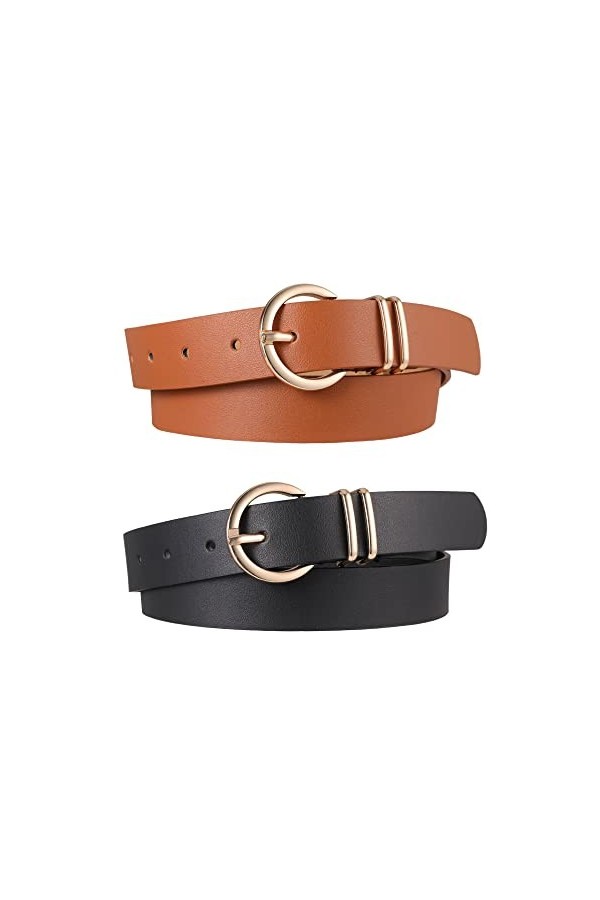 worahroe Lot de 2 ceintures en cuir pour femme avec boucle dorée pour femme,Ceinture fine en cuir pour jeans, robes, pantalon