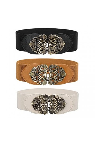 WERFORU Large ceinture élastique pour femme, vintage, extensible, large - Rétro - Mode Cinch pour robes, A-noir+marron+beige,