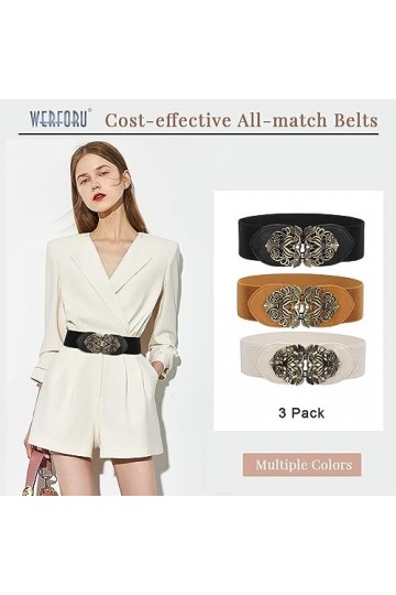 WERFORU Large ceinture élastique pour femme, vintage, extensible, large - Rétro - Mode Cinch pour robes, A-noir+marron+beige,