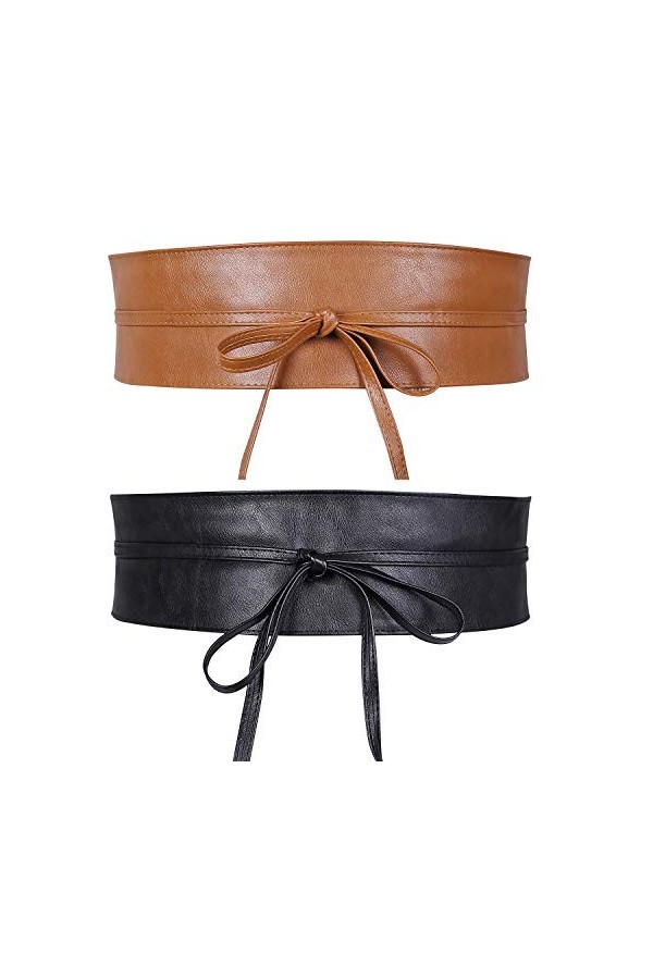 JasGood Lot de 2 ceintures larges Obi pour femme et fille, Noir/marron, S taille 63/75 cm 