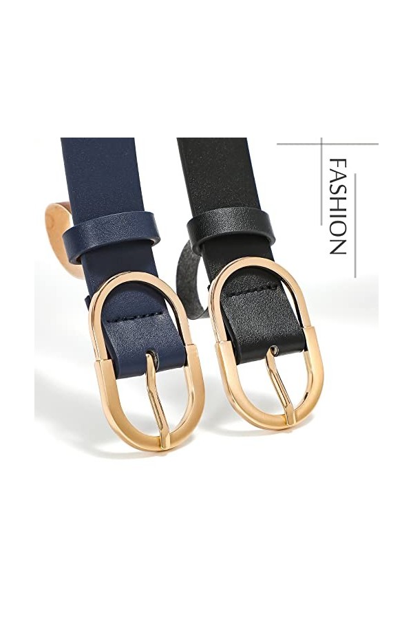 JASGOOD Lot de 2 ceintures en cuir pour femme avec boucle dorée - Noir et marron - Taille S, 03 noir + bleu foncé, Medium