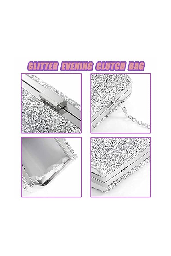 ELABEST Pochette de soirée à paillettes avec strass - Sac à main à bandoulière pour femme et fille, Cristal argenté double fa