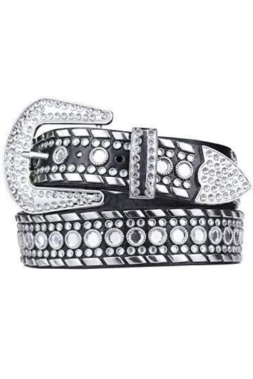 KorhLeoh Ceinture Femme avec Rivets Strass pour Jeans Pantalon Bling Diamants Cowboy Ceinture Pour Tour de Taille 74-103cm 