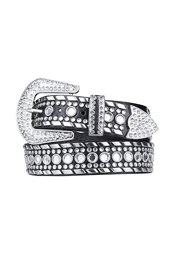 KorhLeoh Ceinture Femme avec Rivets Strass pour Jeans Pantalon Bling Diamants Cowboy Ceinture Pour Tour de Taille 74-103cm 