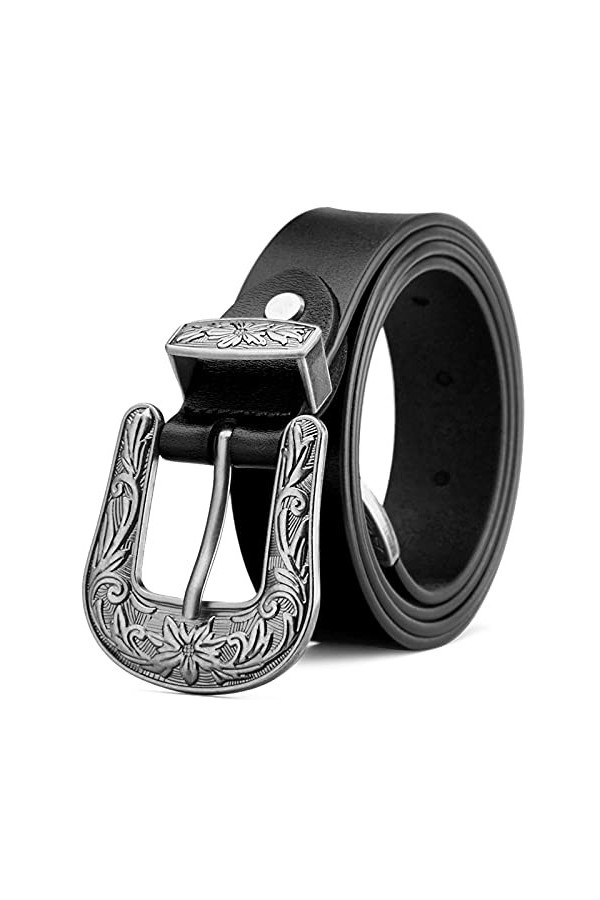 BISON DENIM ceinture vintage en cuir pour femme, 2,8 cm de large avec boucle ardillon sculptée, convient aux jeans et aux vêt