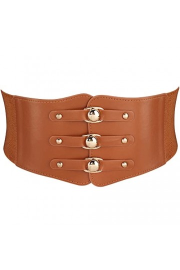 Lamdgbway - Ceinture cintrée en cuir PU pour femmes - Ceinture large élastique vintage avec boutons à pression - Marron