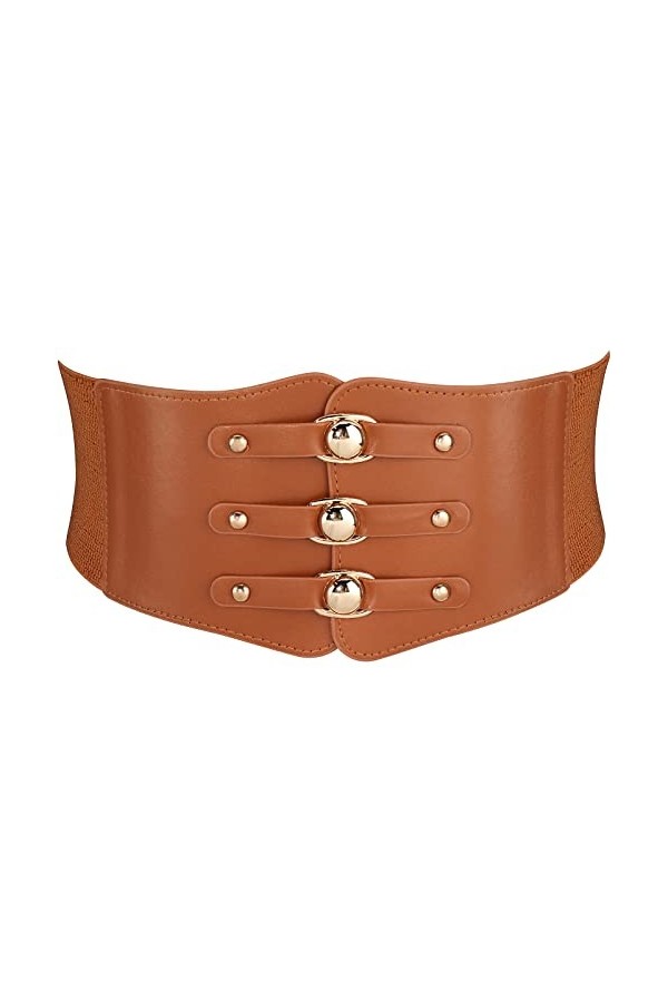 Lamdgbway - Ceinture cintrée en cuir PU pour femmes - Ceinture large élastique vintage avec boutons à pression - Marron
