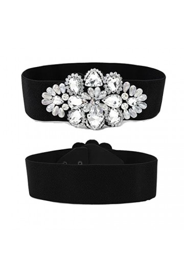 Sethexy Strass Élastique Ceinture Le noir Cristal Large Sétirer Ceintures pour femmes Fleur Ceintures de serrage pour Robe 