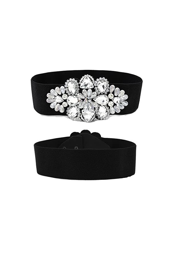 Sethexy Strass Élastique Ceinture Le noir Cristal Large Sétirer Ceintures pour femmes Fleur Ceintures de serrage pour Robe 