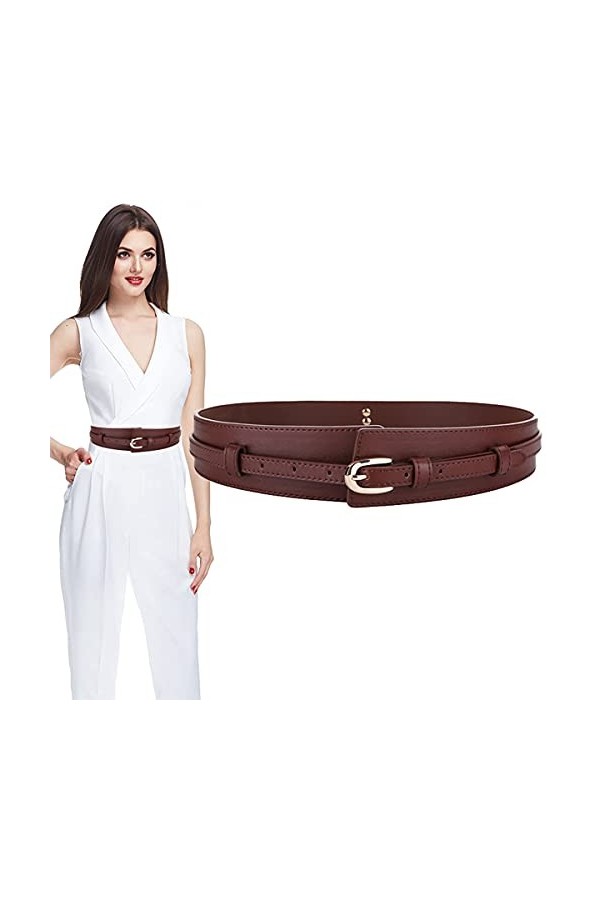 Longwu Ceinture Large Ajustable Pour Dames, Ceinture en Cuir de Vachette Véritable Double Couche à la Mode Pour les Robes Cos