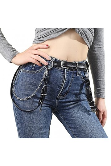 CHIC DIARY Ceinture punk pour femme avec chaîne en métal en cuir synthétique gothique - Noir - Ceinture décorative pour jeans