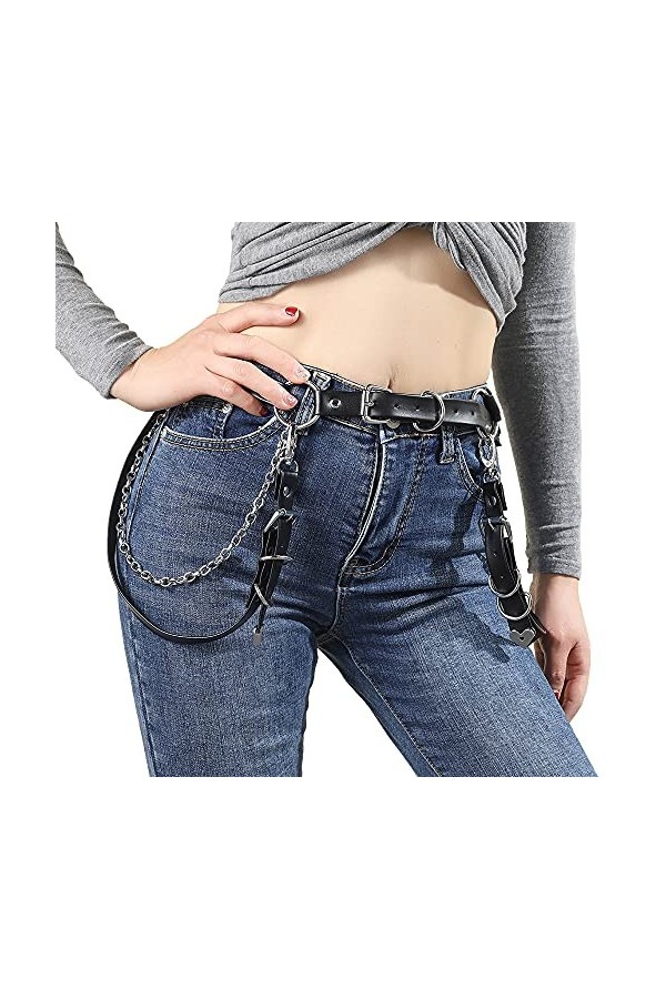 CHIC DIARY Ceinture punk pour femme avec chaîne en métal en cuir synthétique gothique - Noir - Ceinture décorative pour jeans
