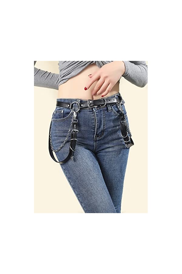 CHIC DIARY Ceinture punk pour femme avec chaîne en métal en cuir synthétique gothique - Noir - Ceinture décorative pour jeans